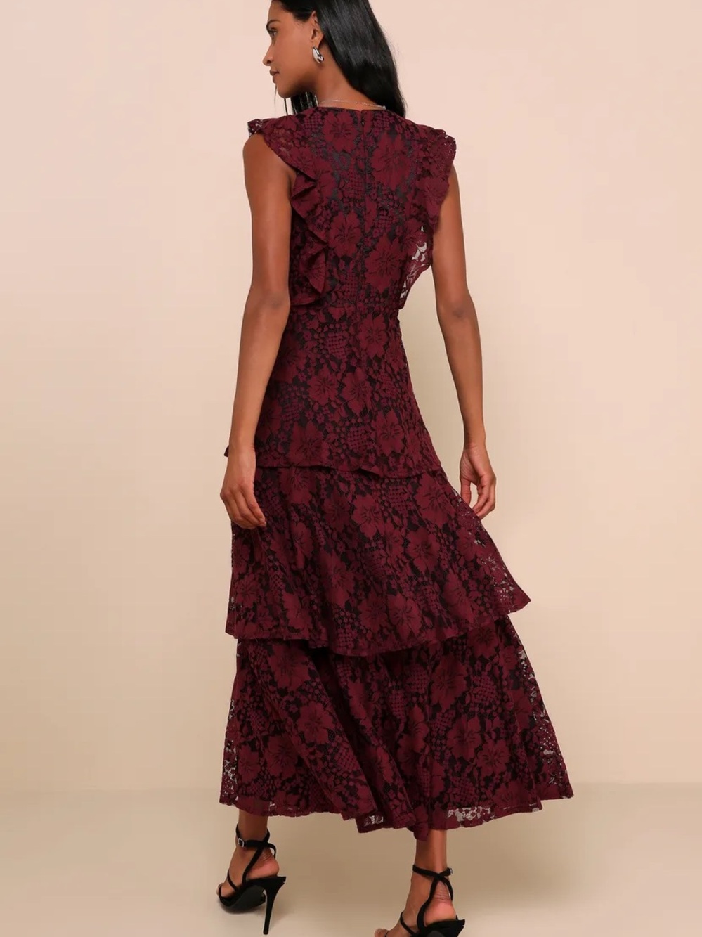 Lulu's Burgundy Lace Tiered Maxi Dress with Ruffles - Picture 2 of 5